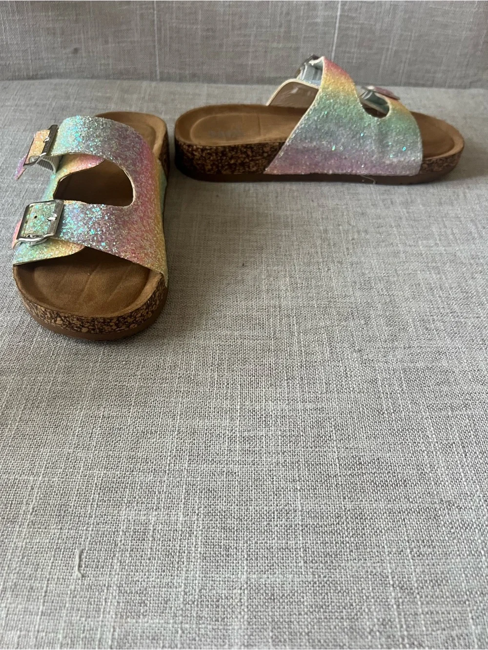 MIA Girls summer glam pastel rainbow Glitter Double-Buckle Sandals, kids size 3